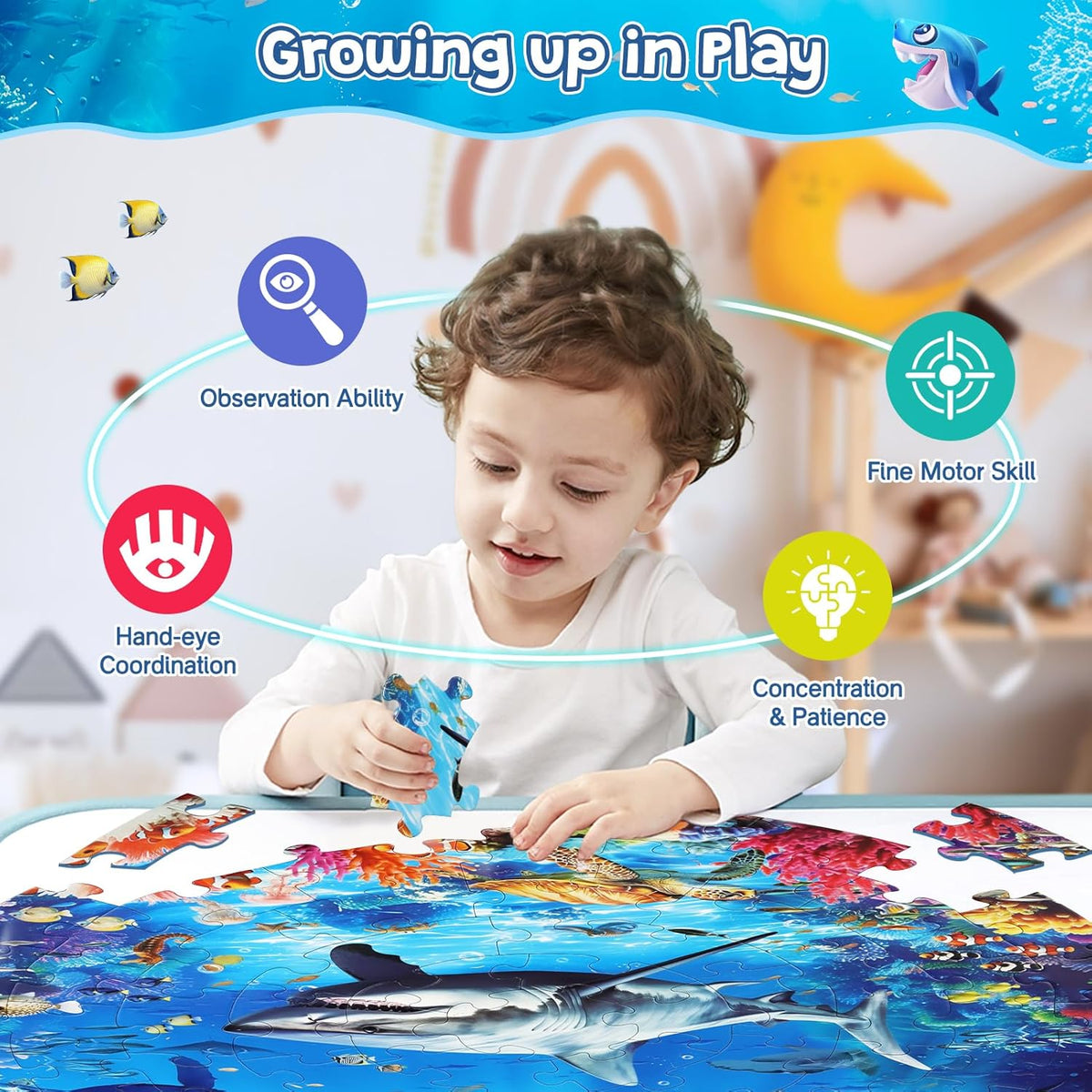 DIGOBAY round underwater ocean floor puzzle with sharks, fish and coral reef, 70 pieces - view 6