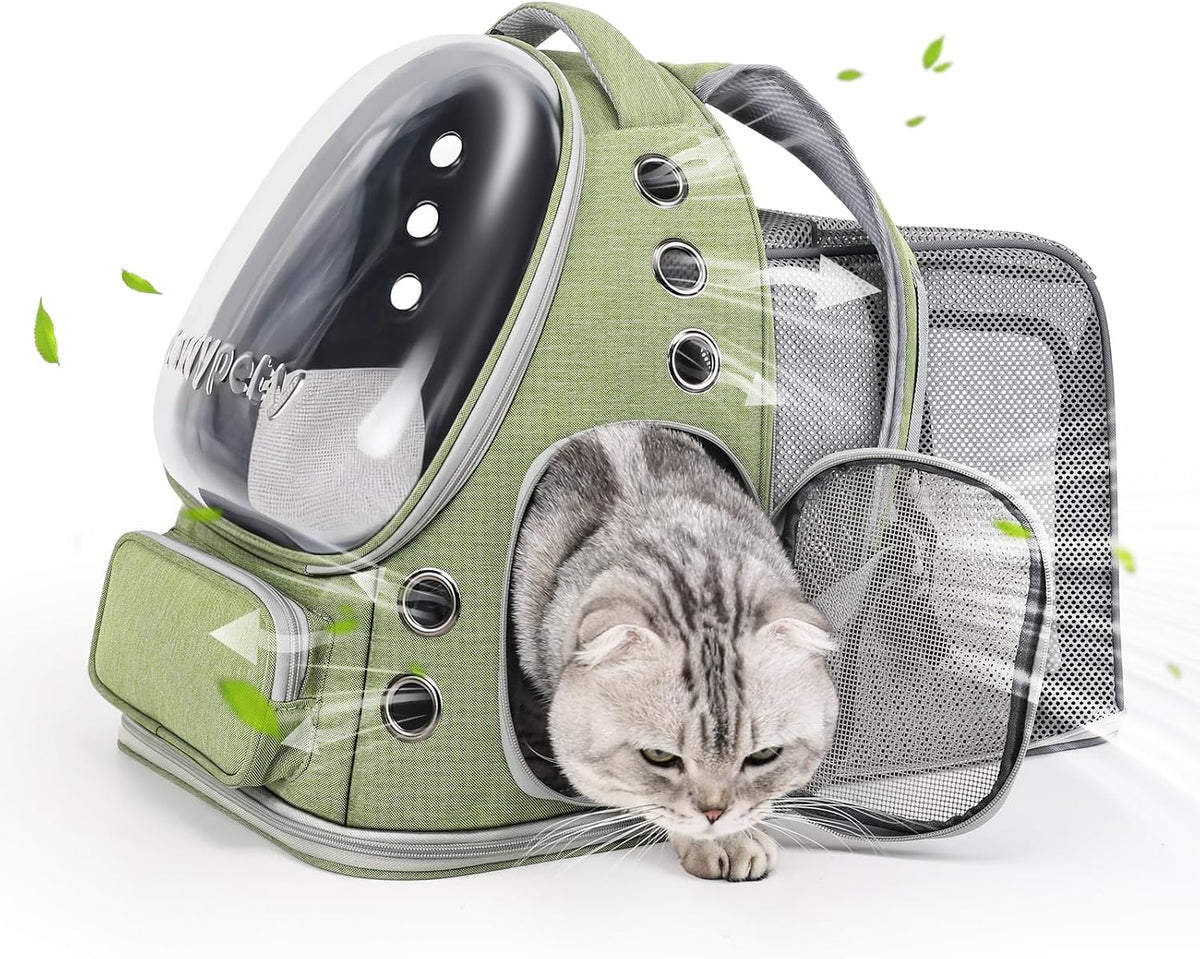 Cat Backpack Carrier, Breathable Cat Carrier Large Space Bubble Pet Backpack for Kitty Small Dog up - Square Expandable- Green