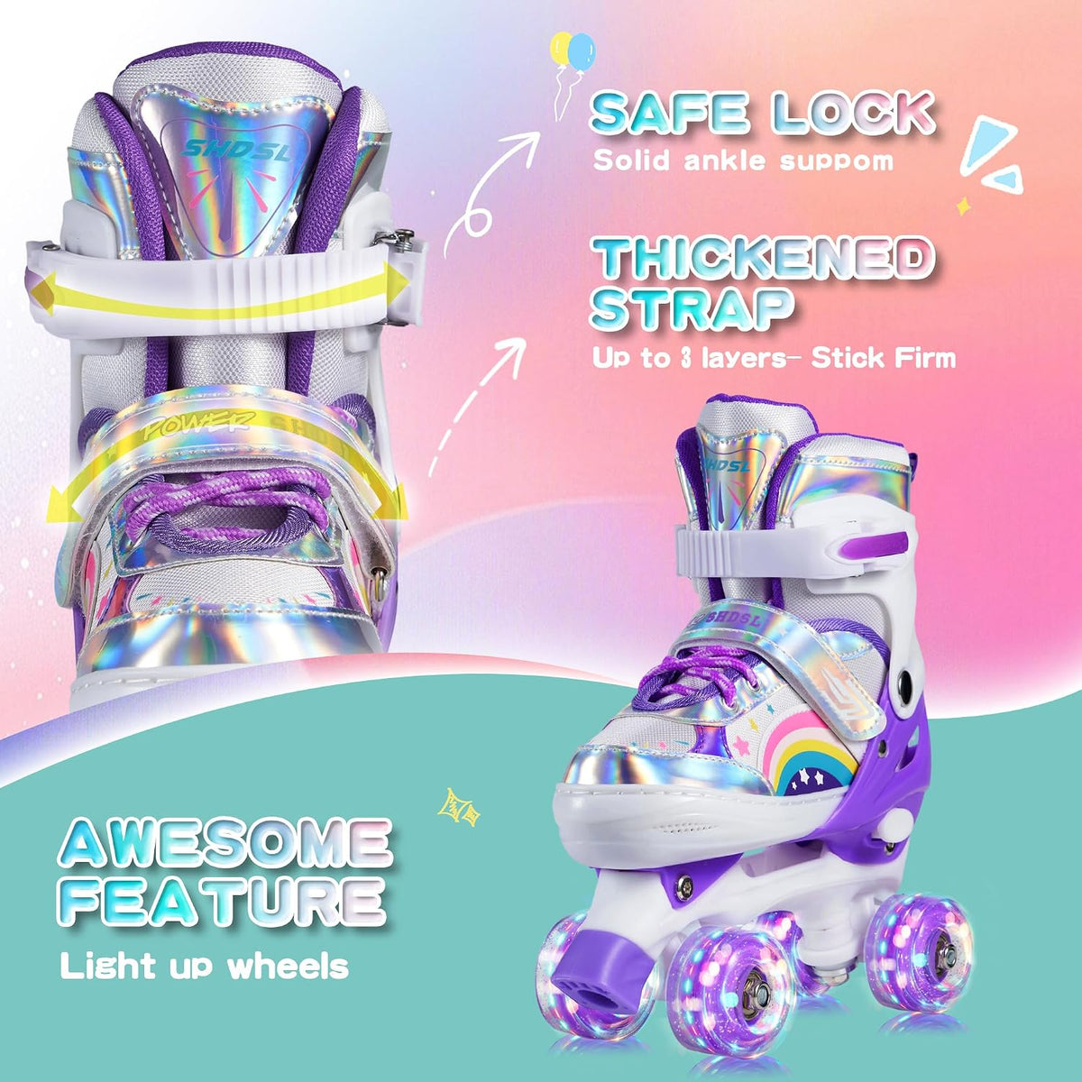 SHDSL pink rainbow light up adjustable roller skates for girls - view 22
