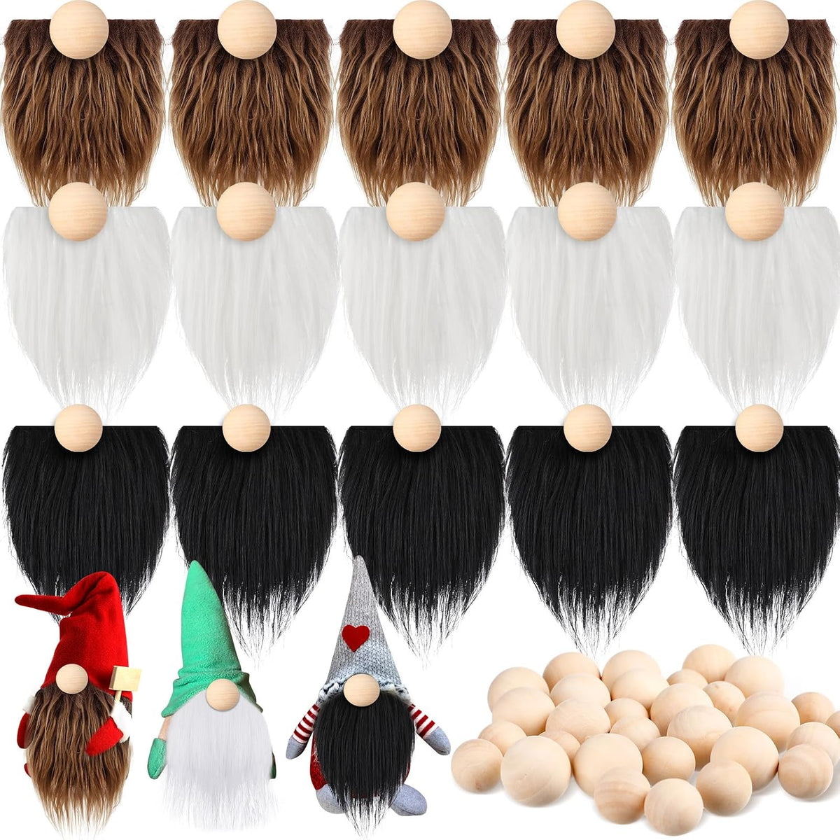 Tudomro 45 Pcs Halloween Gnome Beards for Crafting DIY Gnome Beard - White, Black, Dark Brown / 45