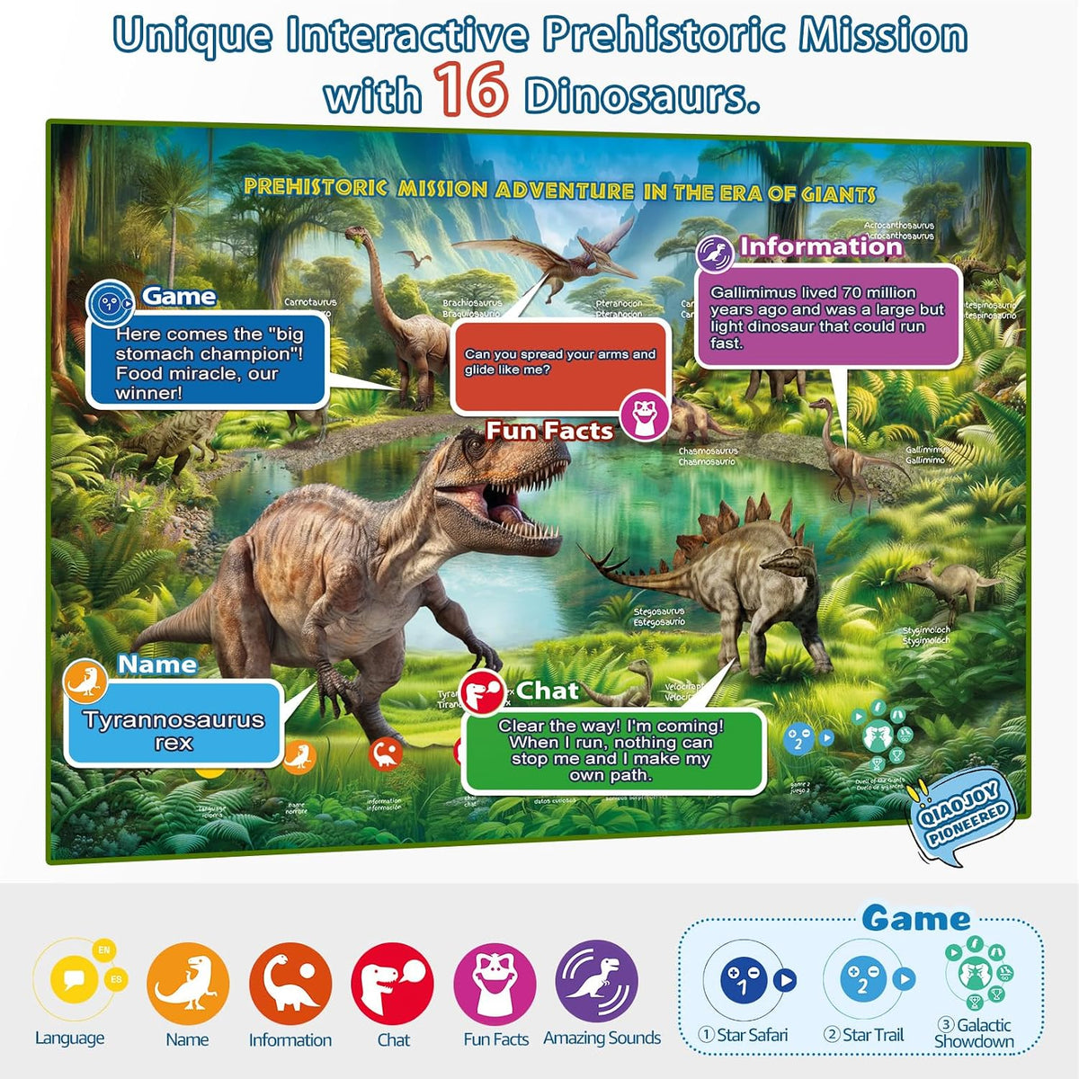 Qiaojoy Bilingual Interactive World Map for Kids Learning Educational - World Map & Dinosaur Poster - image 3