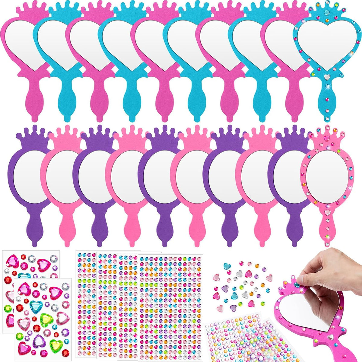 Geetery unbreakable kids mirror craft kit, 20 heart and oval foam princess mirrors in pink, blue and purple