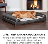 Furhaven Orthopedic Dog Bed for Large Dogs w/ Removable Bolsters & Washable Cover, For Dogs Up to 125 lbs - Luxe Faux Fur & Performance Linen Sofa - Charcoal, Jumbo Plus/XXL
