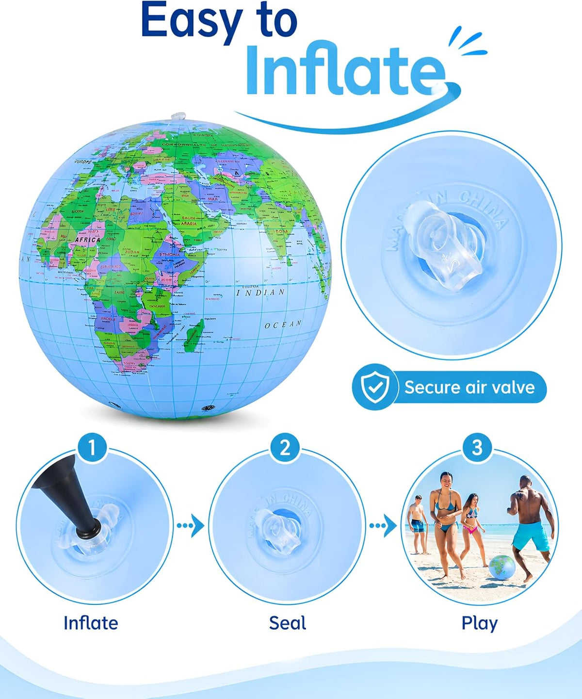 NUOBESTY inflatable globe beach ball, 11.8 inch PVC world map ball showing continents and oceans - view 4