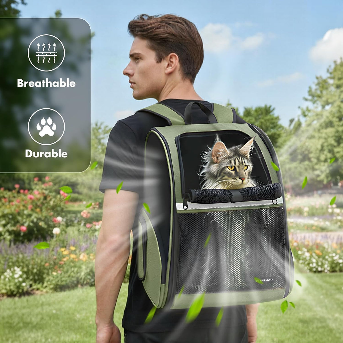 Cat Backpack Carrier for Small Dogs and Medium cat Puppy Kitten Bunny - DarkGreen / 13.7"L x 12.0"W x 18.0"H - image 3