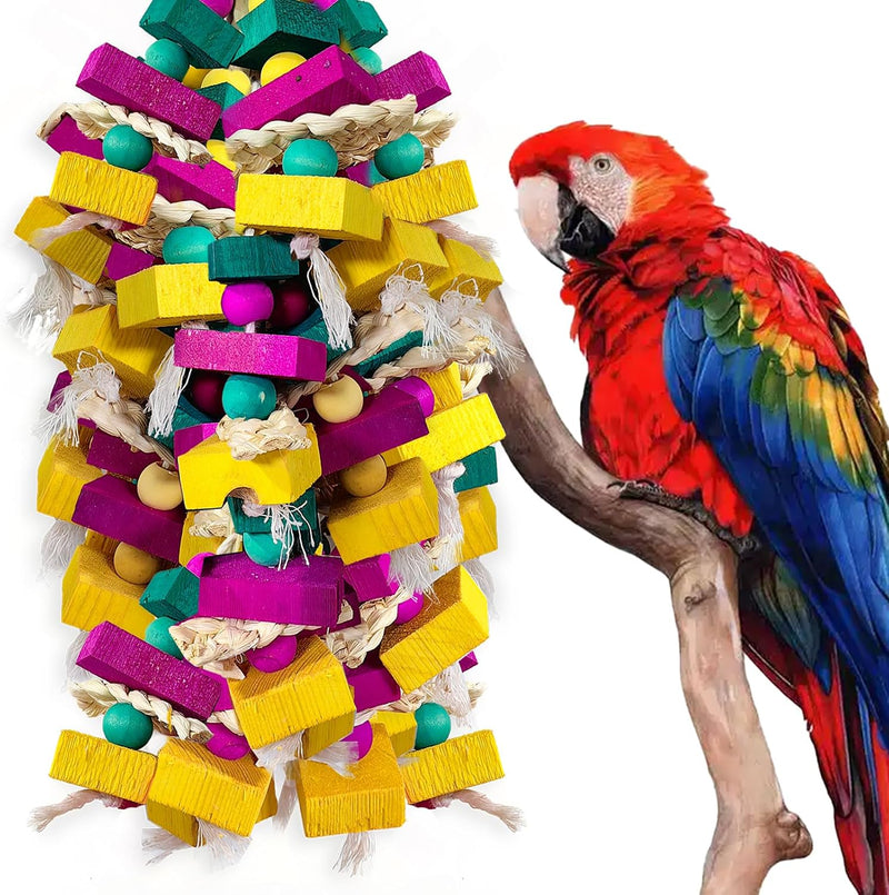 Large Bird Toys, Multi-Color Wooden Block with Bamboo Support Bird Chewing Toy Parrot Cage Bite Toy
