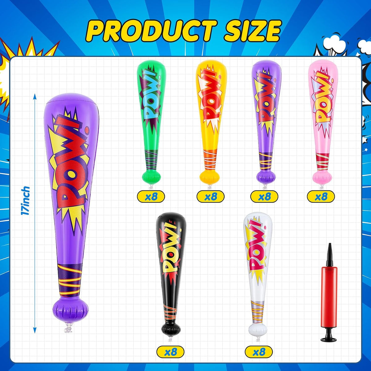 WILLBOND 18 pack 17 inch inflatable baseball bats in red, pink, blue and light blue with pump - view 27