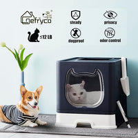Gefryco Litter Box with Lid for Small to Medium Cats, Enclosed Cat Litter Box with Cover，High Sided Top Entry Cat Box with Brush and Scoop, Cute Kitty Litter Pan with Drawer for Growing Kitten(Black)
