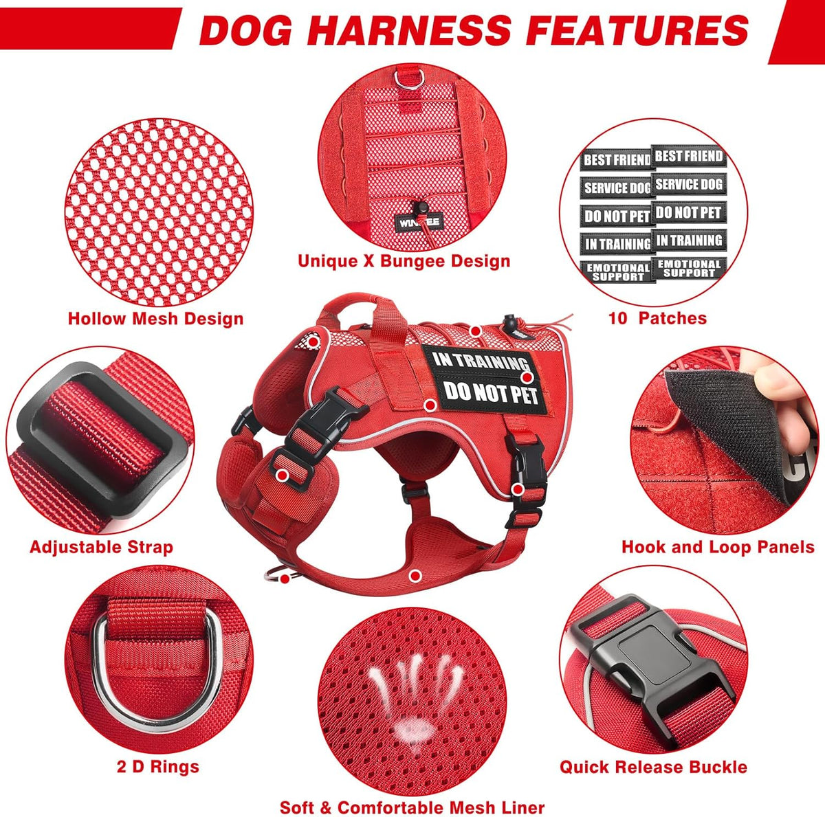 WINSEE Service Dog in Training Mesh Harness with 10 Removale Pet - Large / Red - image 4