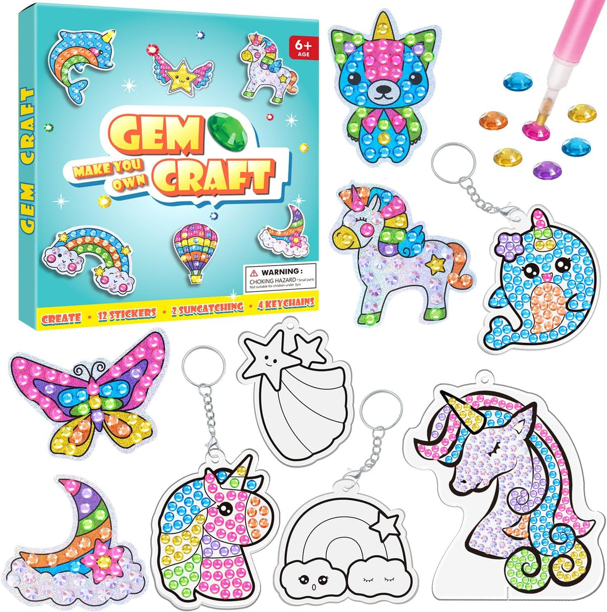 WAHFNG diamond art kit for kids with gem stickers, keychains and suncatchers