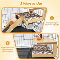 Guinea Pig Hideout，Natural Wood Removable Guinea Pig Bed, Small Animal Habitat with Hanging Hammock/Staircase/Cushion, Suitable for Small Animals to Hide, Rest, Play