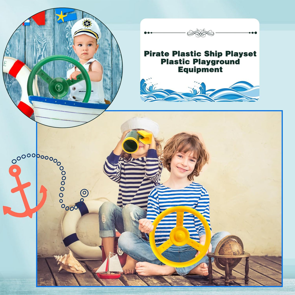 Haconba plastic pirate ship steering wheels for playsets in blue and red with mounting hardware - view 22
