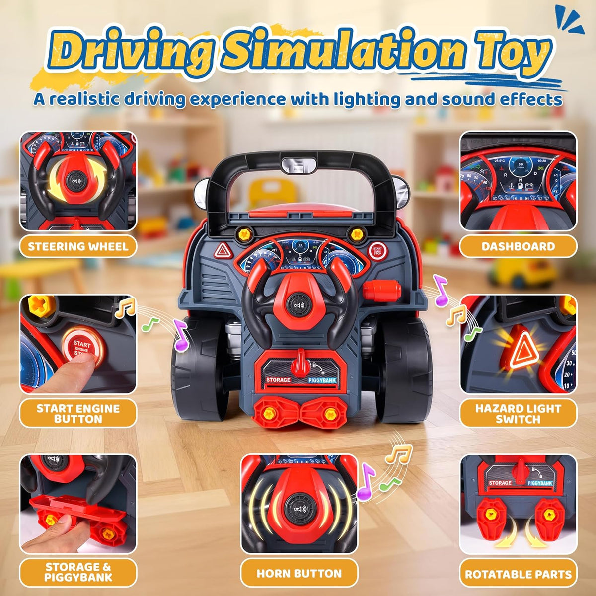 Interactive Truck Engine Toy with Removable Parts, Lights - Red - image 3
