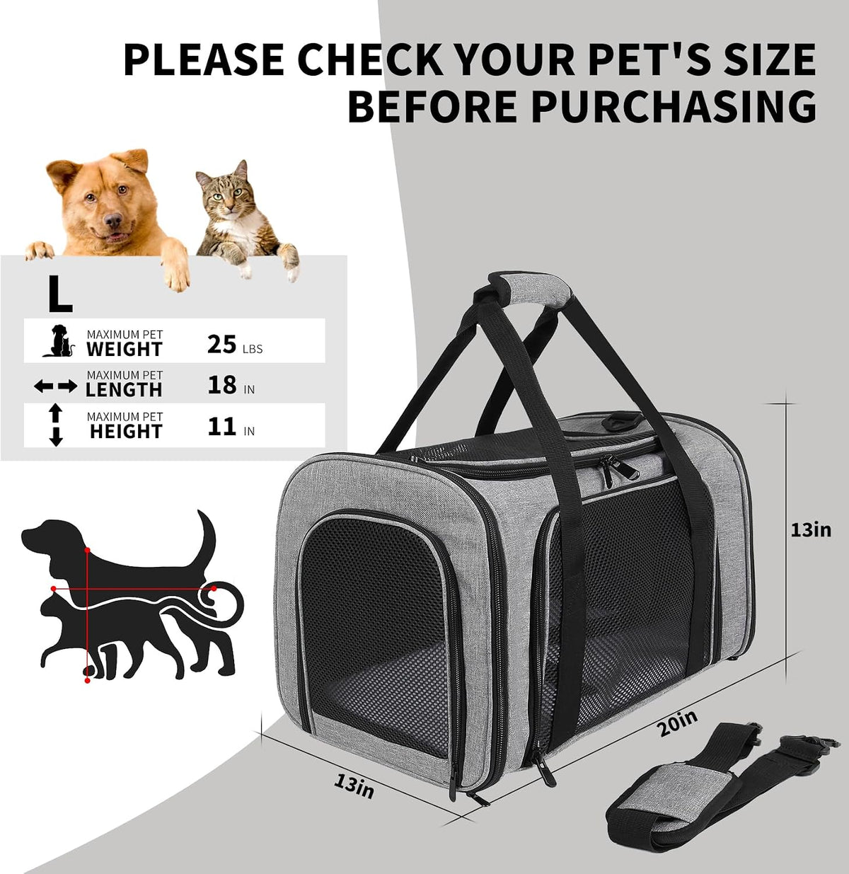 Cat Dog Carriers Soft-Sided - 20.0"L x 13.0"W x 13.0"H / grey&black - image 3