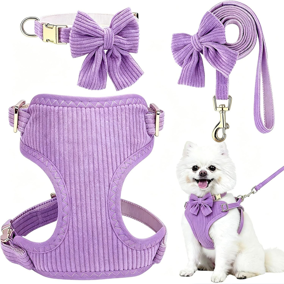 Small Dog Collar Harness and Leash Set with Bowtie - Purple-Harness / S: Neck 10-16", Chest 14-18.9"