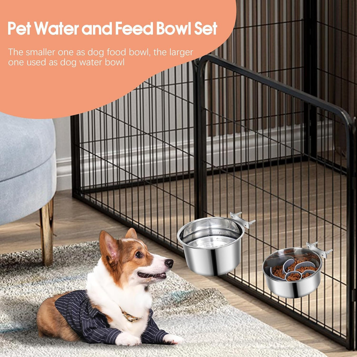 2 Pcs Stainless Steel Small Dog Crate Food Water Bowl - L (84 & 44 OZ) / Silver - image 3