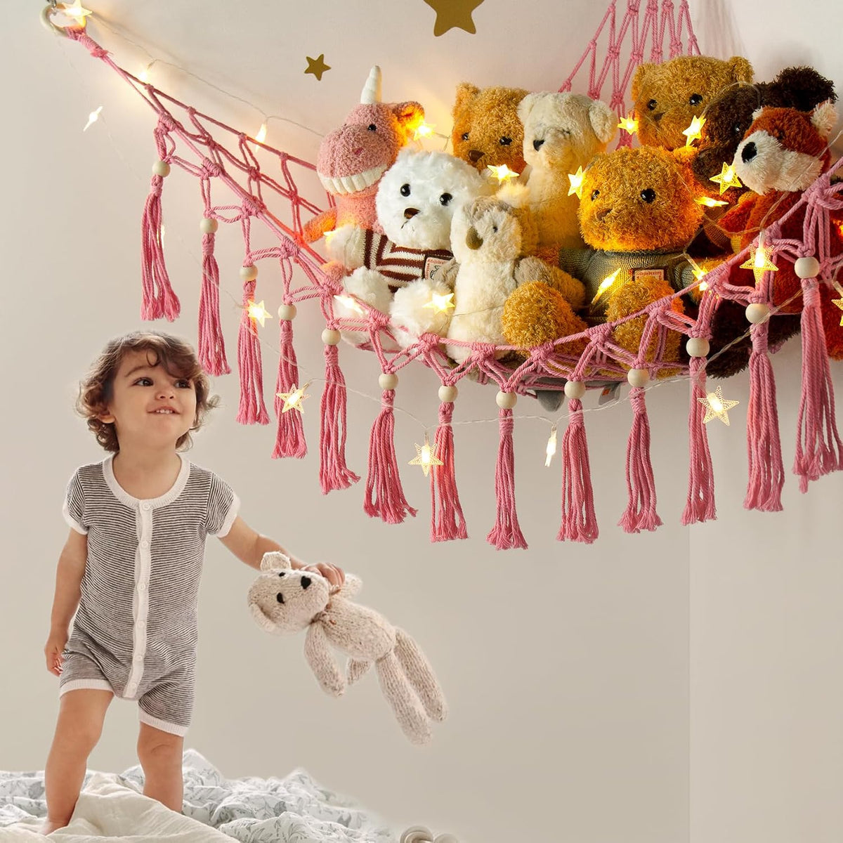 Stuffed Animal Toy Storage Hammock with LED Light - Coral Pink / L (39.5"*39.5"*48") - image 3