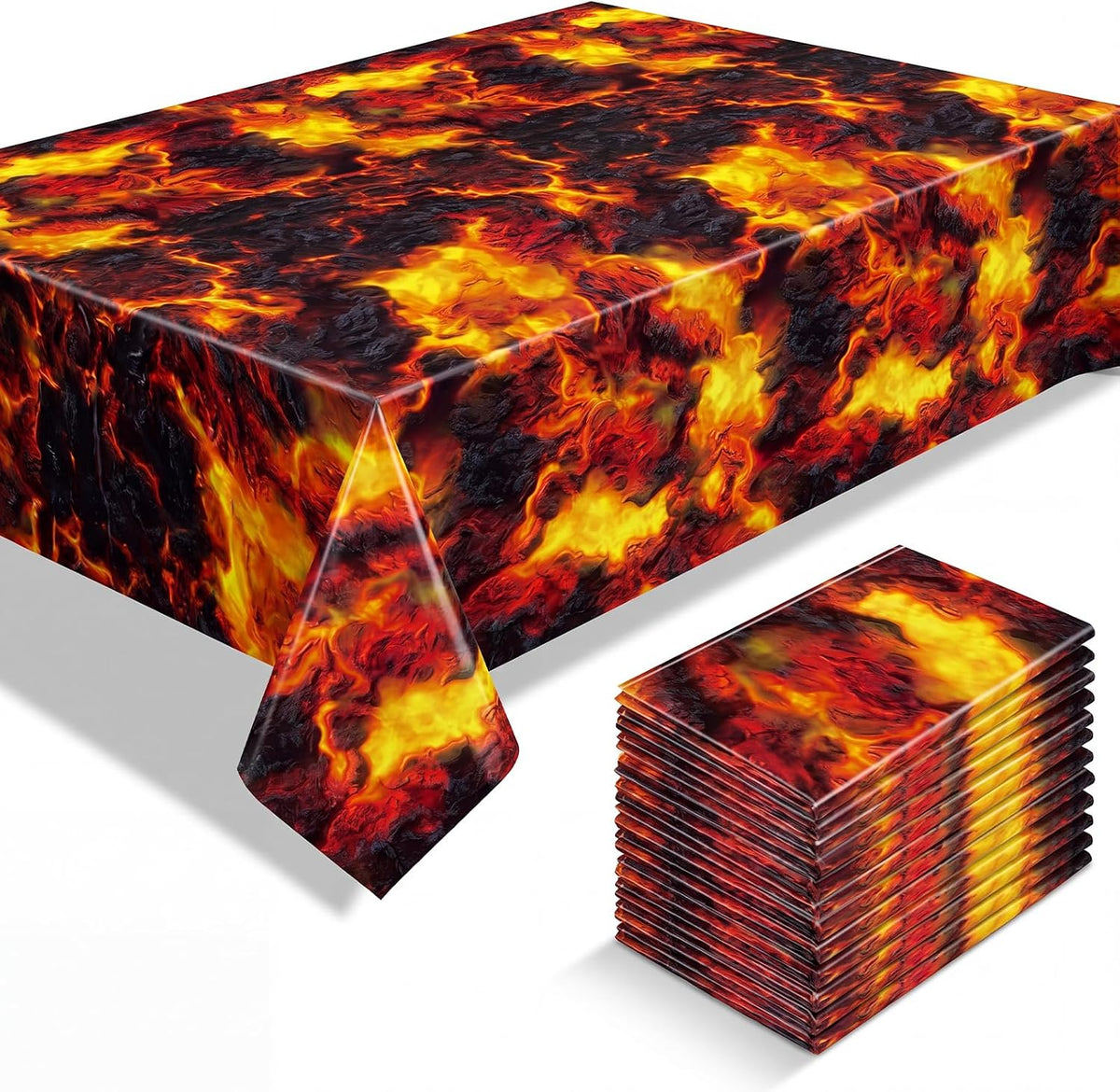 Tiamon fire flame lava tablecloth with volcano print, 54 x 108 inches