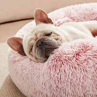 Love's cabin Calming Cat Bed for Indoor Cats,Anti-Anxiety Donut Round Dog Bed,Fluffy Faux Fur Washable Pet Bed for Small Medium Dogs and Cats,Pink,24in