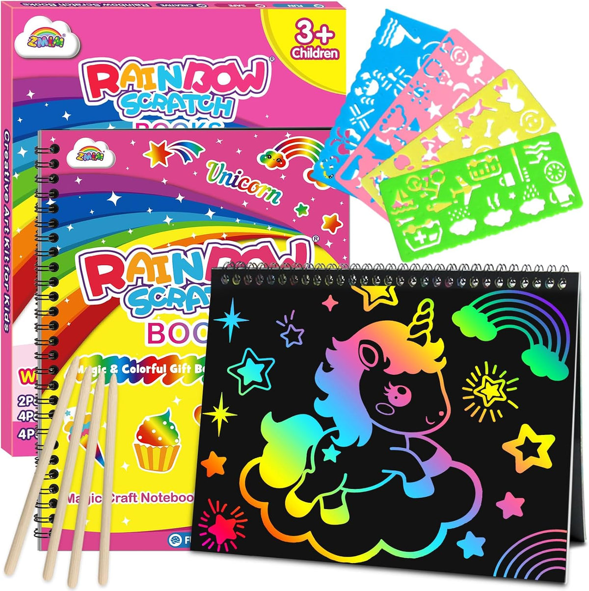 ZMLM Scratch Paper Art-Crafts Gift: 2 Pack Rainbow Notebooks Supplies - Pink & Yellow