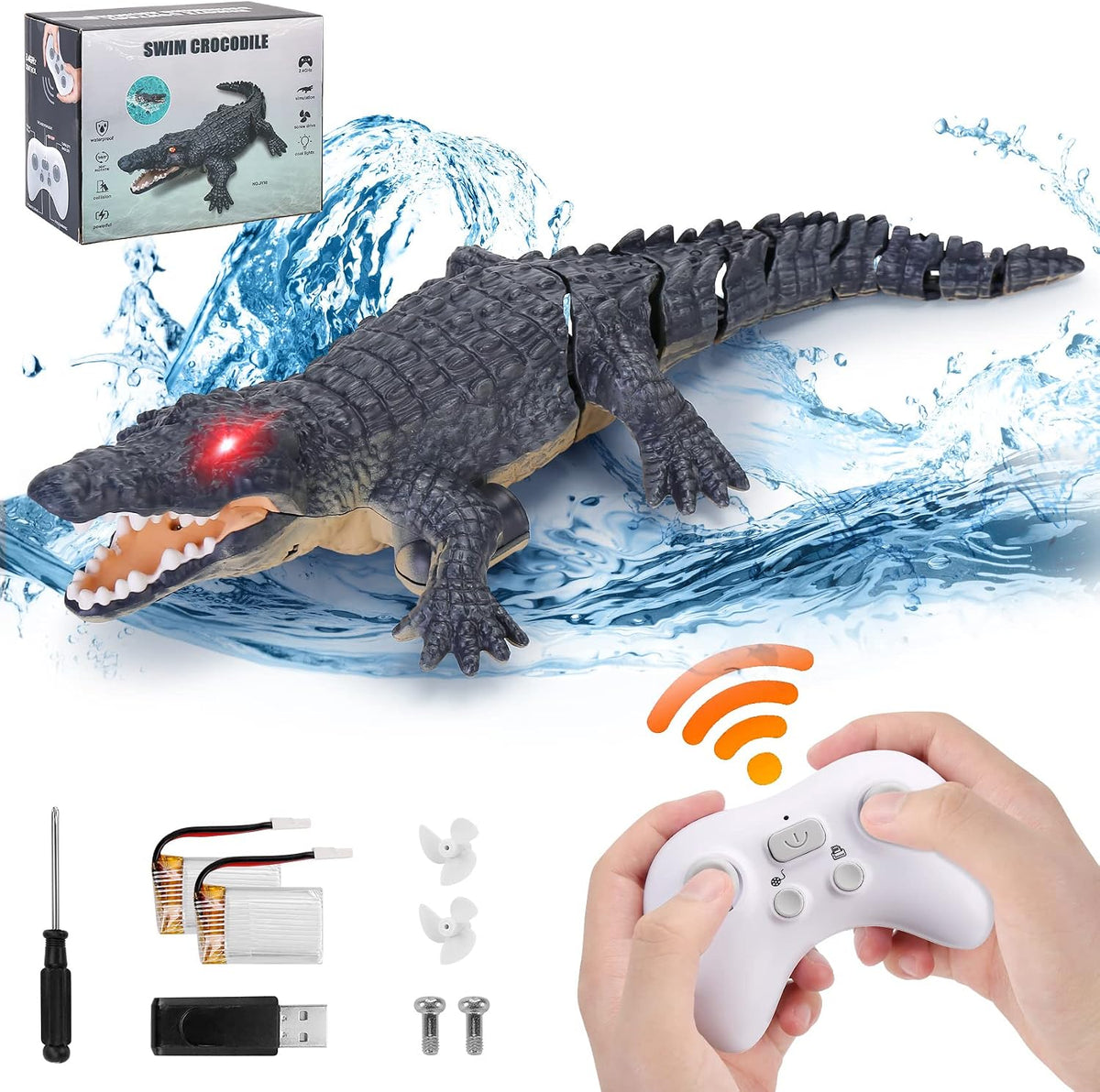 GearRoot remote control crocodile boat toy with glowing eyes swimming in a pool - view 2