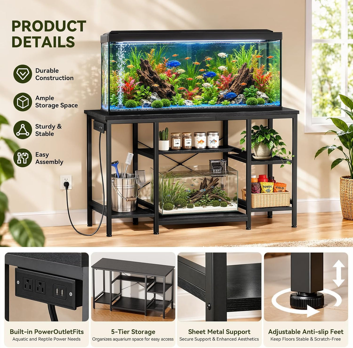 5-10 Gallon Fish Tank Stand with Storage Shelves - Black / 55-75 Gallon-3 Tier - image 4