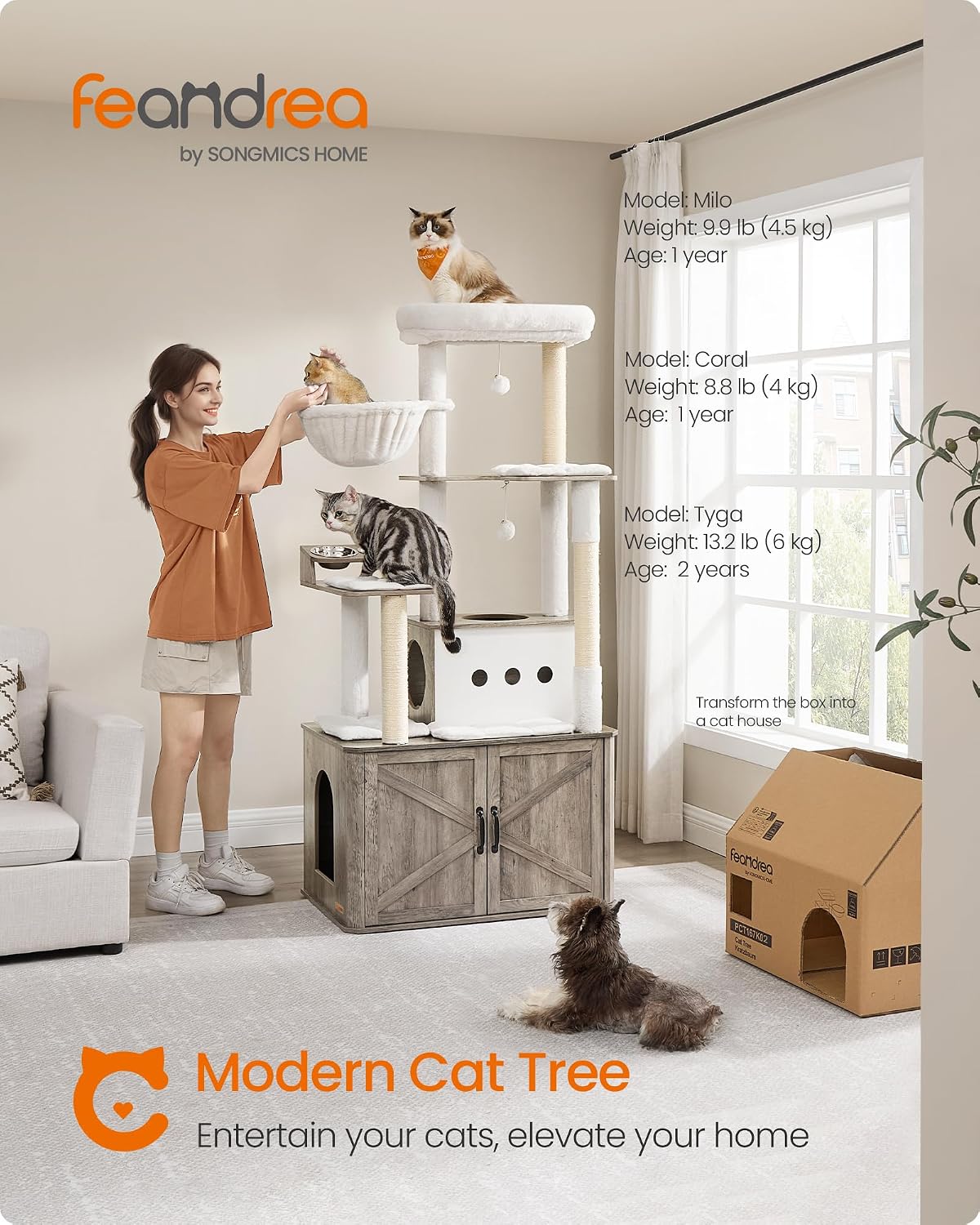 Feandrea Cat Tree, 66.9-Inch Cat Tower with Litter Box Enclosure – Essentials for Cats - Heather Greige - image 2