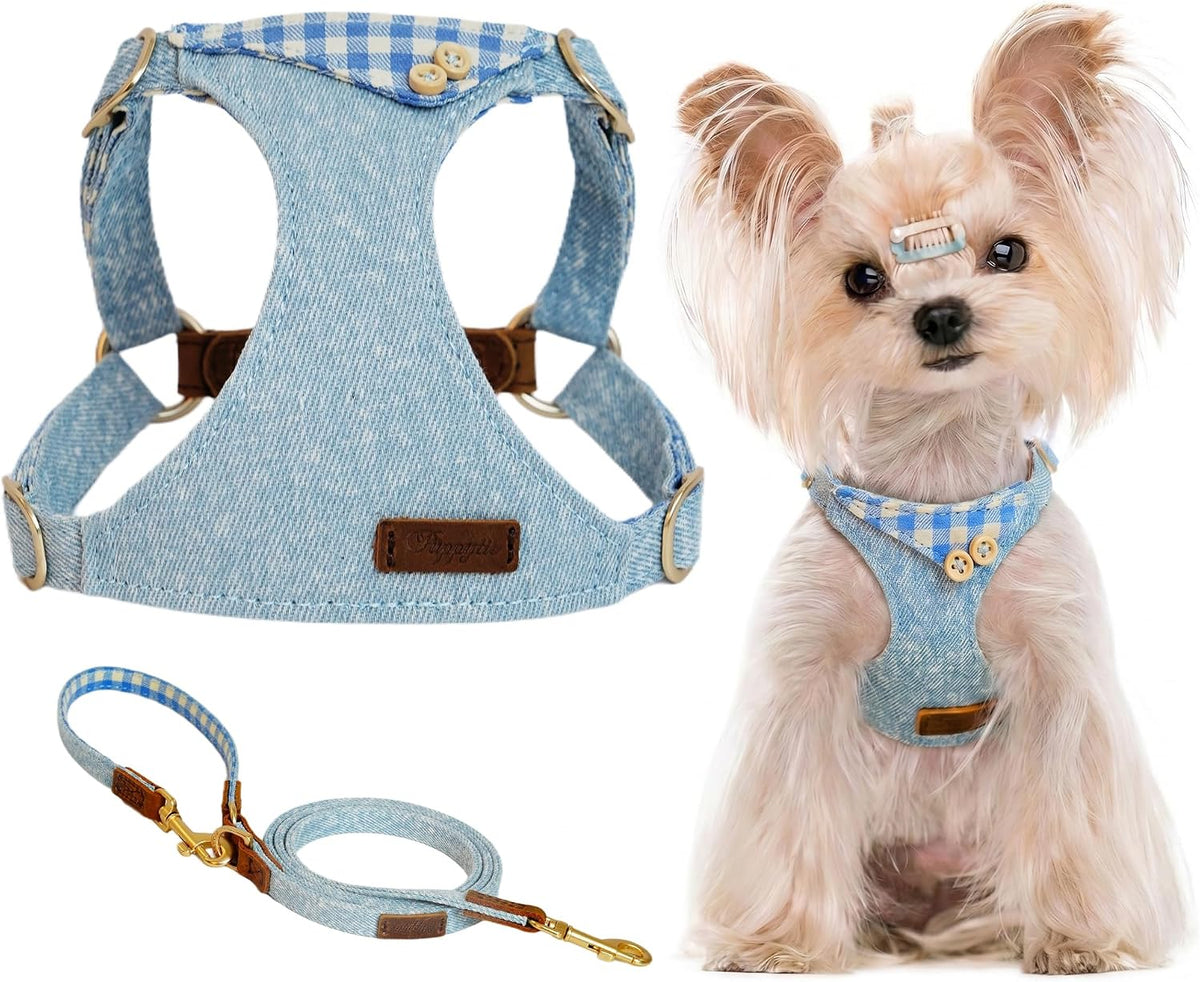 Puppytie XS Dog Harness and Leash Set, Denim Brown, XS – Essentials for Dogs - checked-blue / XXS(2.2-6lb)