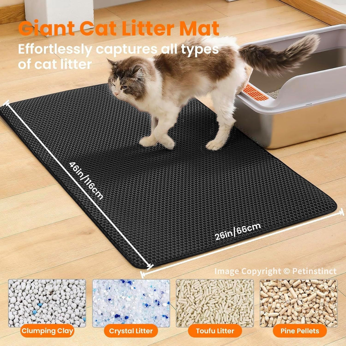 Cat Litter Mat, Double Layer Honeycomb Litter Box Mat – Daily Care for Cats - 46x26 Inches / Black - image 2