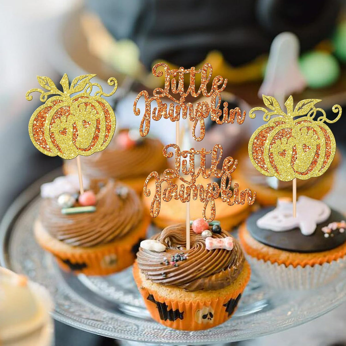 24 PCS Pumpkin Oh Baby Cupcake Toppers Glitter Fall Theme pumpkin - Pattern 9 - image 4