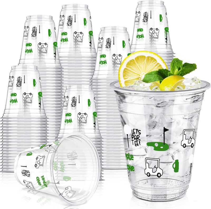 Qinyoung golf party cups, clear 12 oz plastic cups with pink golf text and patterns