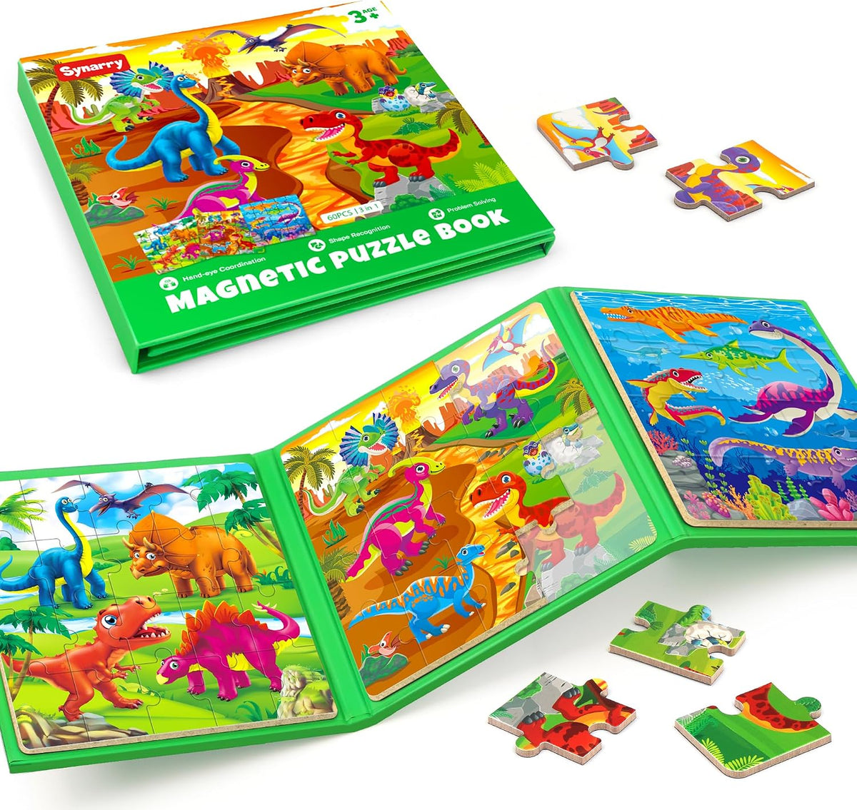 SYNARRY magnetic dinosaur puzzle book with three colorful dinosaur scenes - view 2
