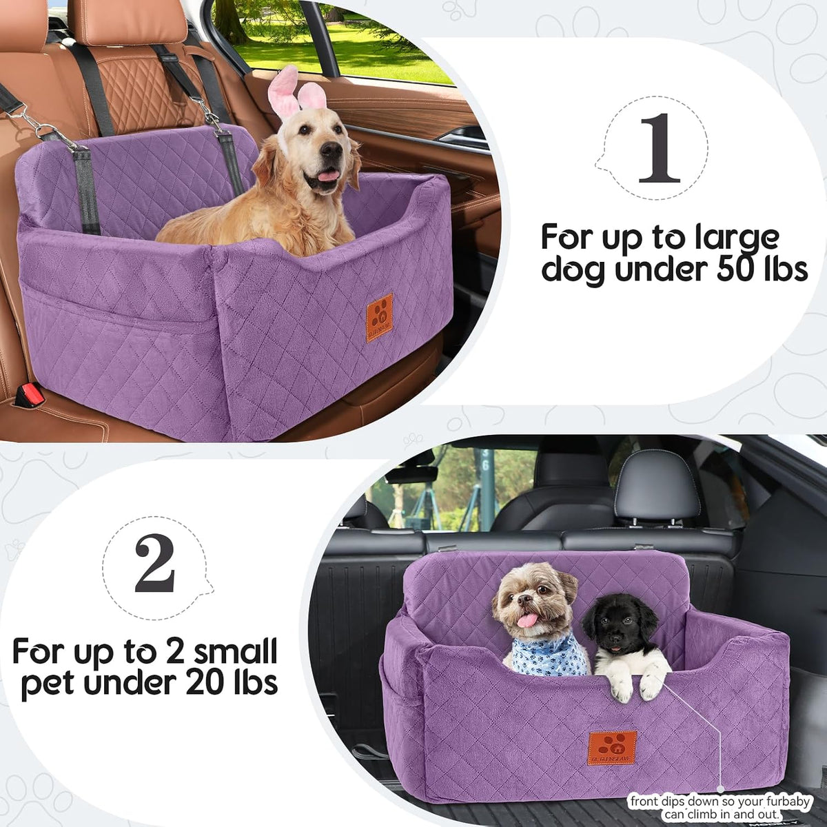 Dog Car Seat for Medium/Large Dog Under 50 lbs or 2 Small Dogs – Essentials for Dogs - Purple - image 2