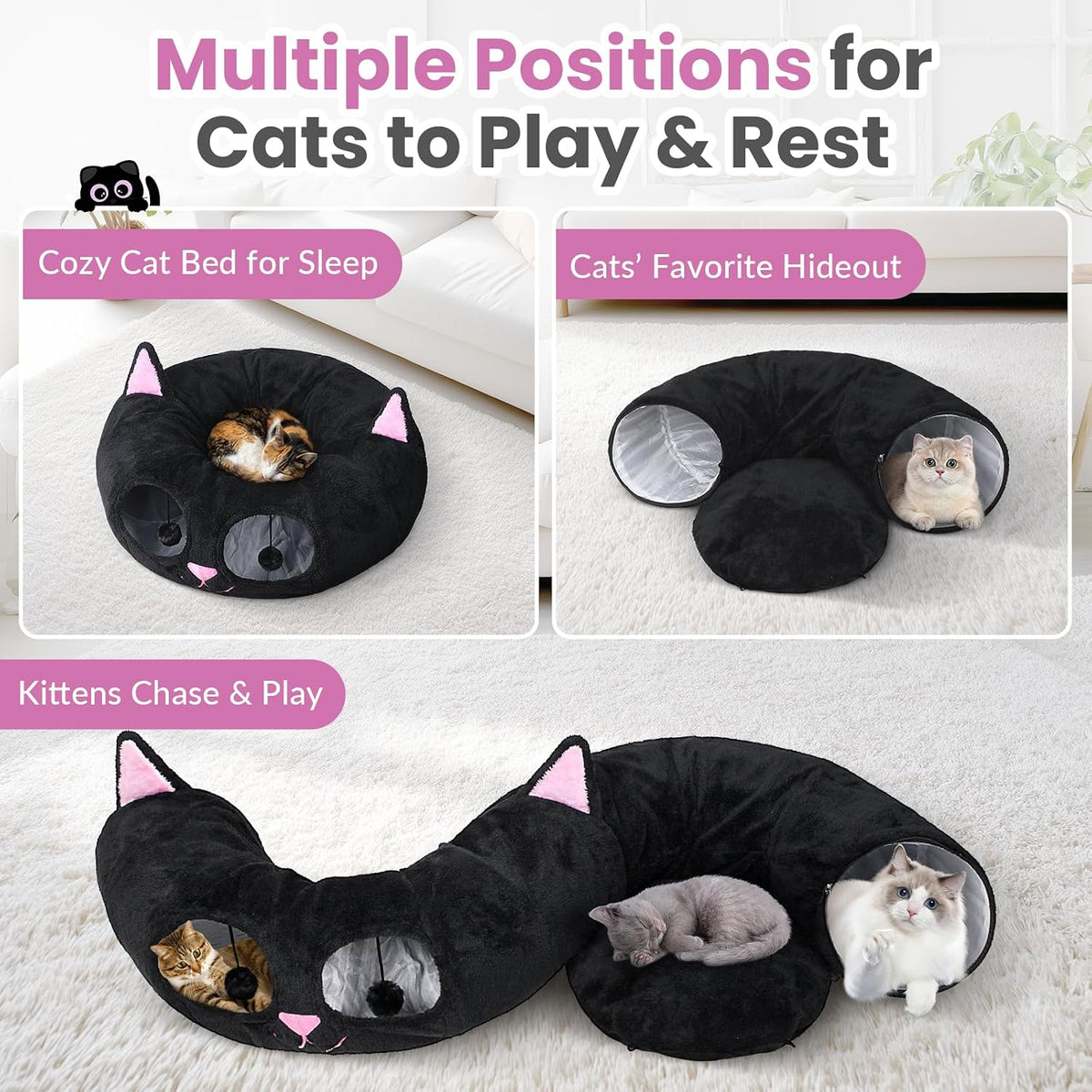 Cat Tunnel Bed for Indoor Cats - Black Pink - image 2