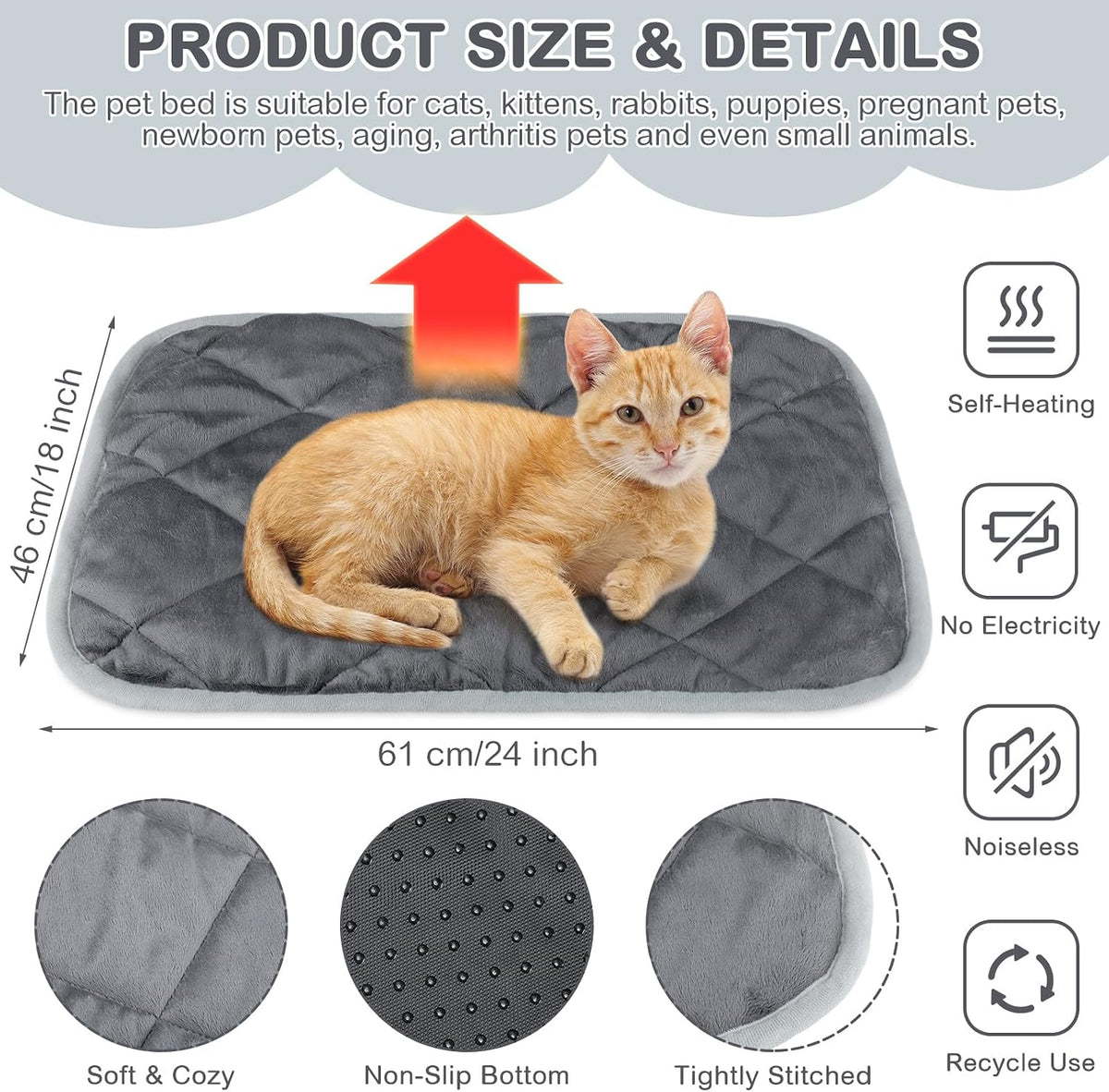 2 Pack Self Warming Cat Bed Thermal Pet Mat - 18 x 24 Inches / Gray - image 2