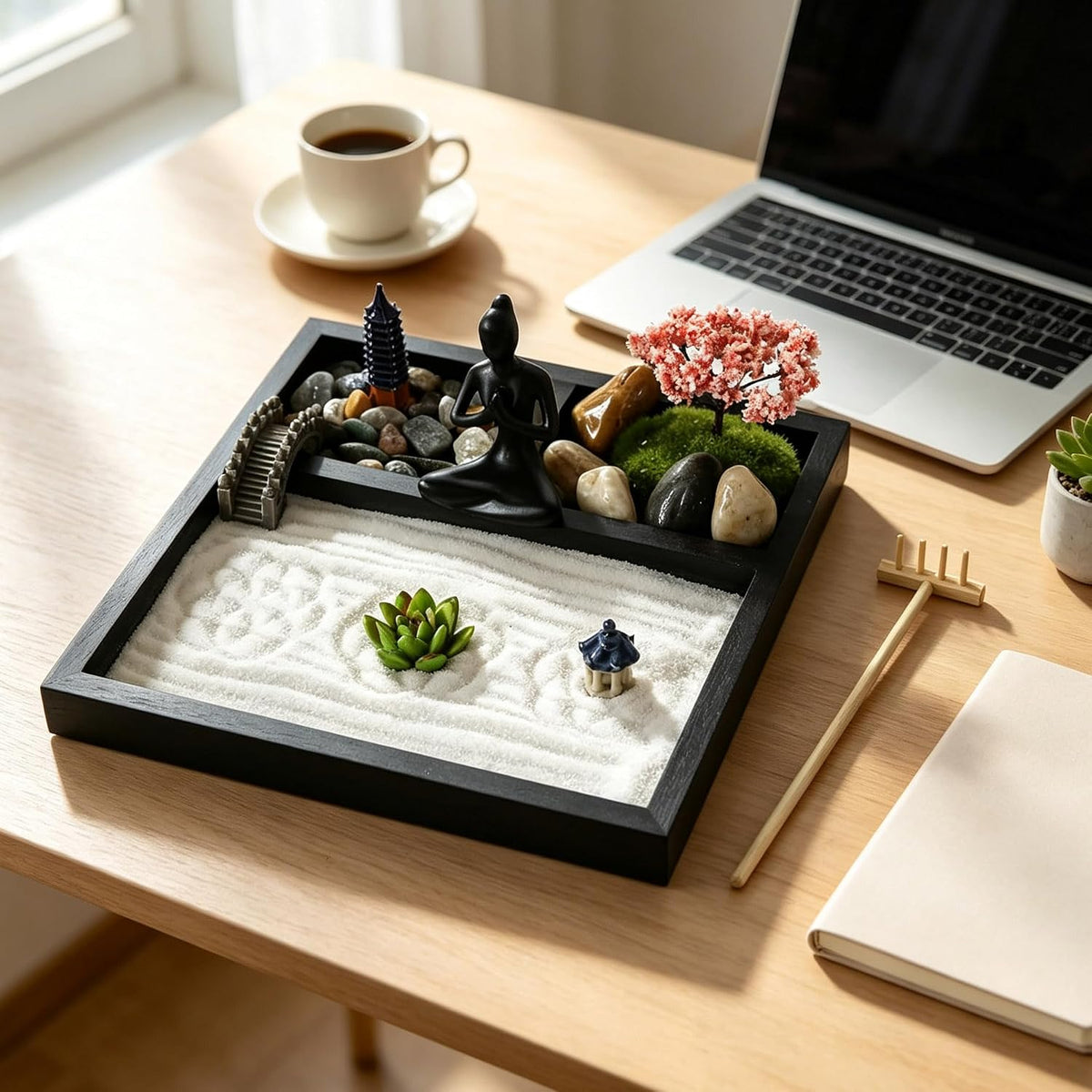 BangBangDa 8 x 8 inch tabletop zen garden with white sand, rake and pagoda - view 3