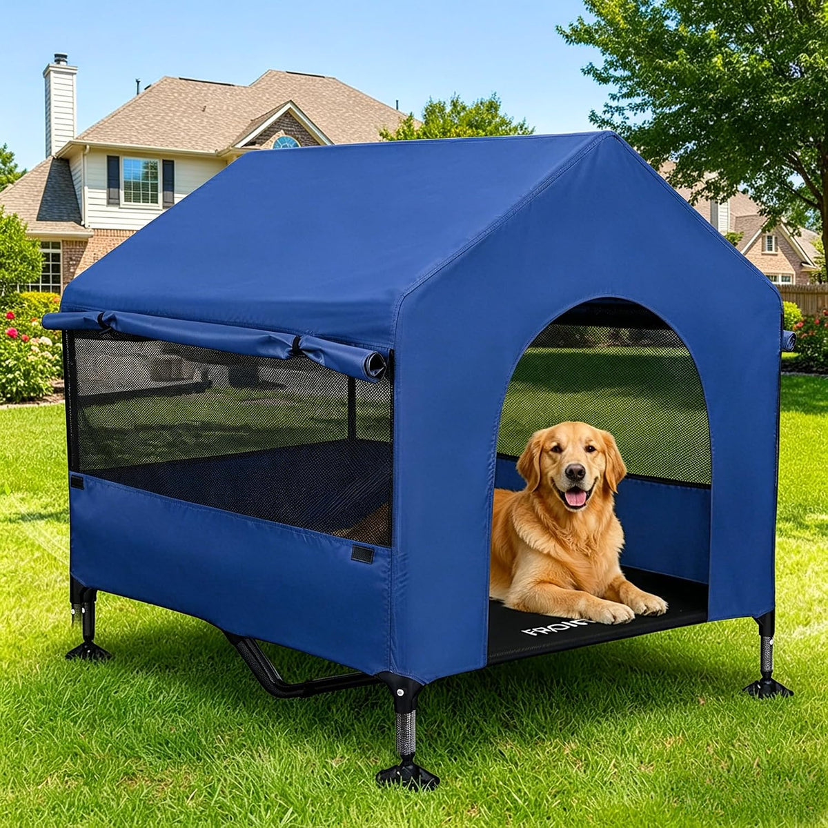 Dog House, 42” Large Dog Houses Outdoor Indoor Elevated Dog Cot Bed – Essentials for Dogs - 42 INCH Dark Blue