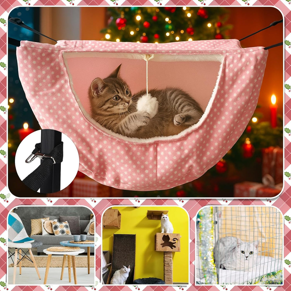 Unittype 2 Pieces Cat Cage Hammock Hanging Pet Bed, 2 Styles - Pink Dots / 2 - image 4