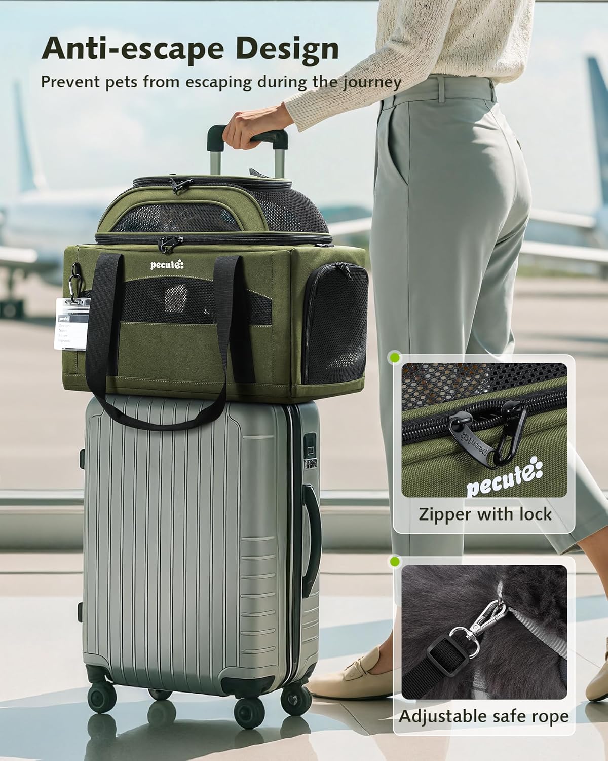 Pecute Expandable Airline Approved Pet Carrier for Cats & Dogs - Olive Green / Top & Side Expandable - image 4