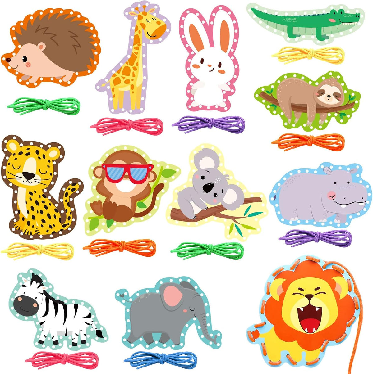 Dapaqami jungle animal lacing cards with colorful laces, lion, giraffe and elephant designs