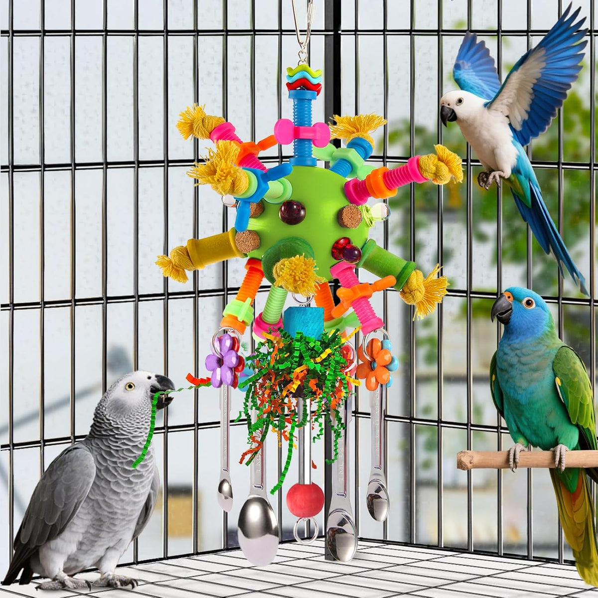 Parrot Toys Bird Toys Perch Pullable Stainless Steel Spoons Colorful - green - image 4