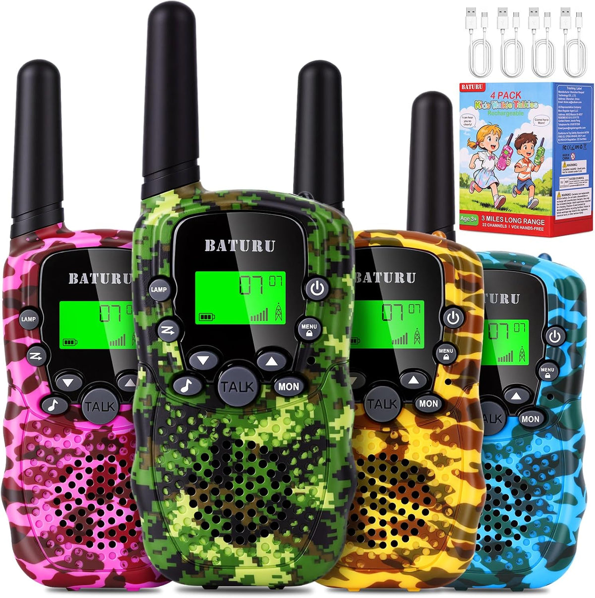 Walkie Talkies for Kids 4 Pack Rechargeable Outdoor Toys Gifts Boys - Camo Blue Pink Yellow Green