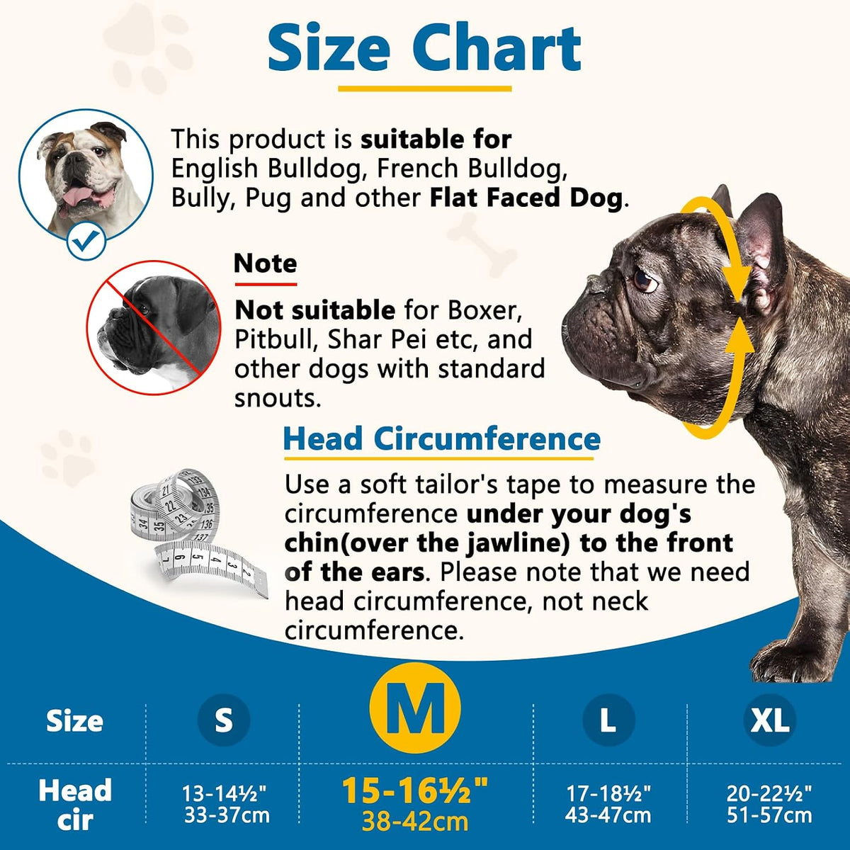 English Bulldog Muzzle, Soft Short Snout Dog Muzzle Stops Biting – Essentials for Dogs - Black / M（Head 15-16½"） - image 2