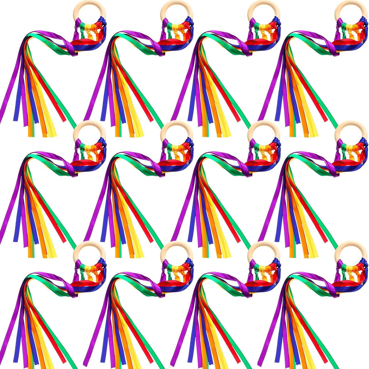 Deekin rainbow ribbon rings, wooden Waldorf hand kites with bright streamers - view 2