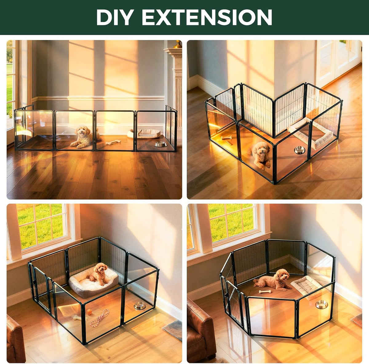 FXW AuraSpace Pro Acrylic & Wire Mesh Indoor Dog Playpen, 24" H - Black / 24"H / 4 Acrylic Panels + 3 Wire Panels + 1 Wire Gate - image 4