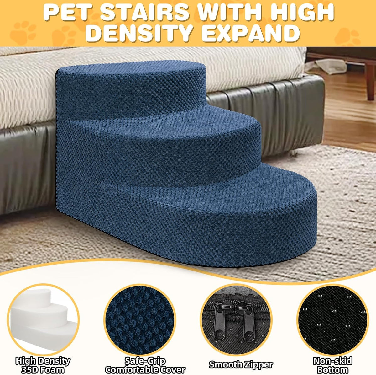 Dog Stairs 3 Steps Foam Pet Ramp for Small Dogs Cats, Navy Blue – Essentials for Dogs - image 3
