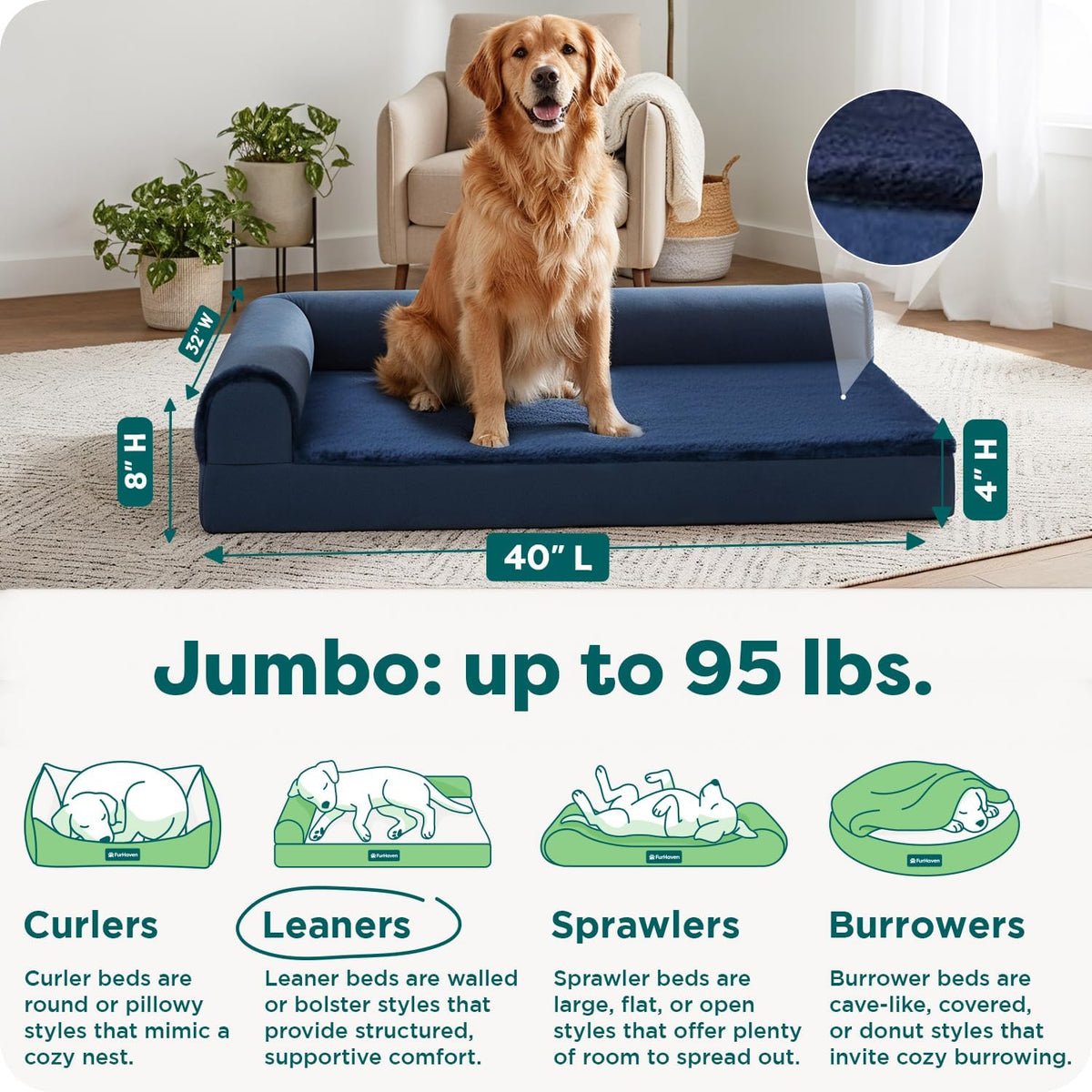 Furhaven Orthopedic Dog Bed for Large Dogs w/ Removable Bolsters - Jumbo / Deep Sapphire - image 3