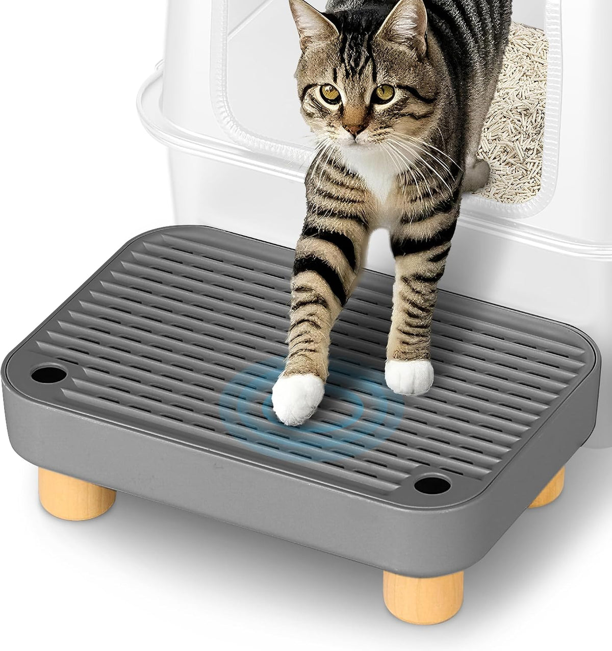 Litter Box Step, Litter Box Ramp/Catcher with Wooden Base - Dark Gray