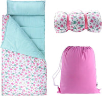 Toddler Nap Mat with Removable Pillow & Soft Blanket - Pink flowers