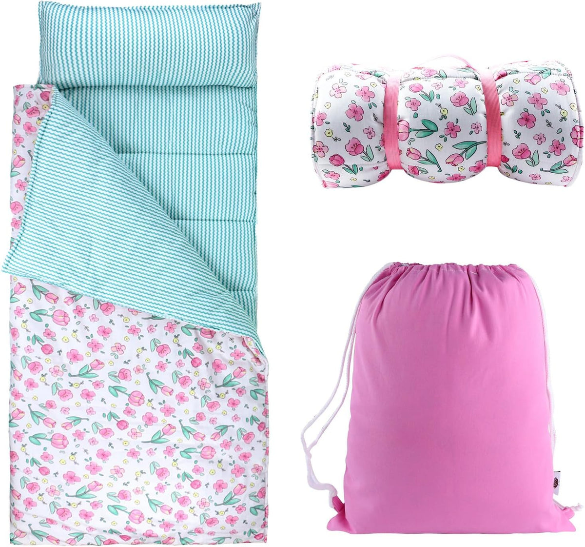Toddler Nap Mat with Removable Pillow & Soft Blanket - Pink flowers